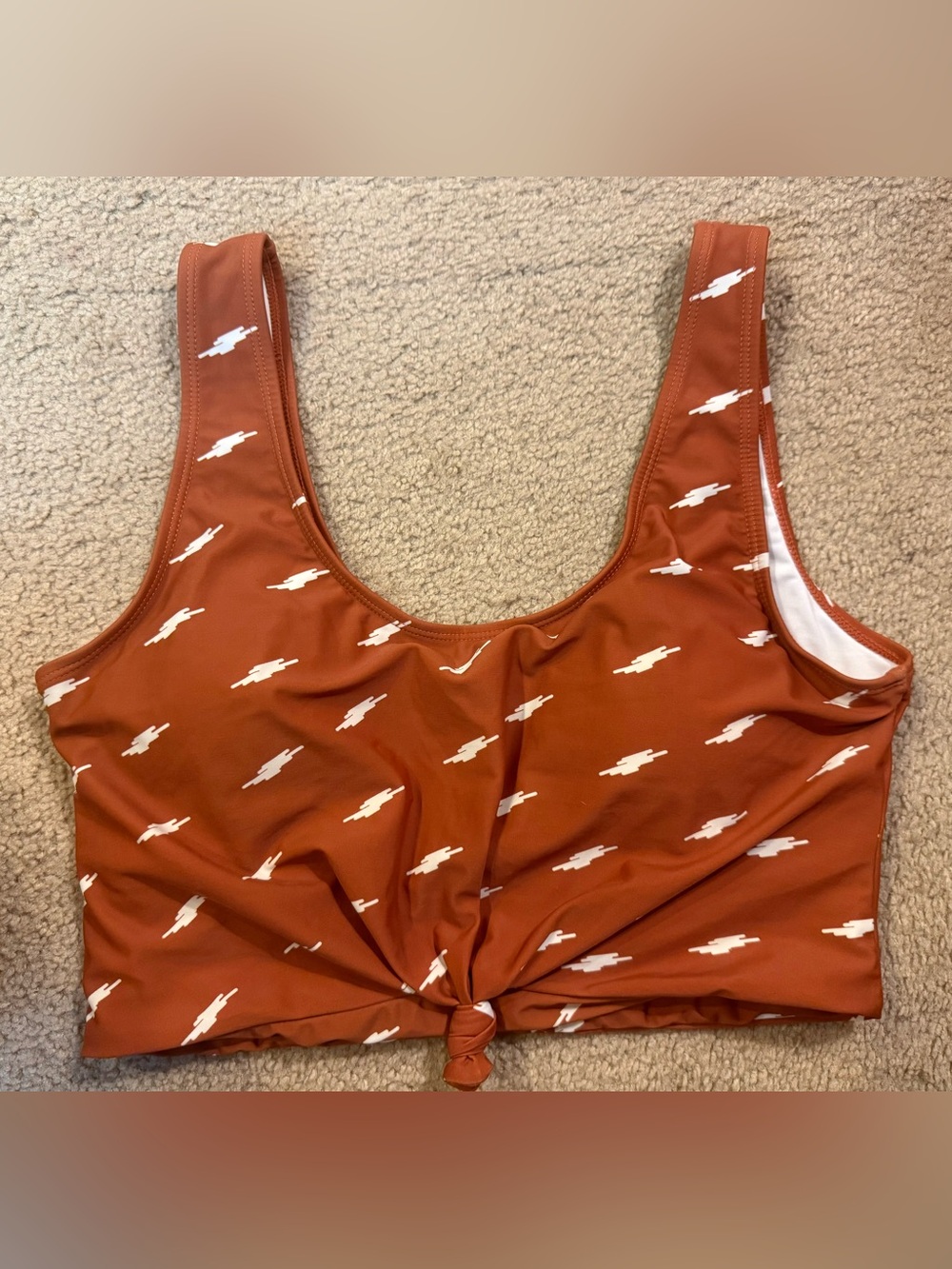 Rust Knot-Front Bikini Top with White Accent Print